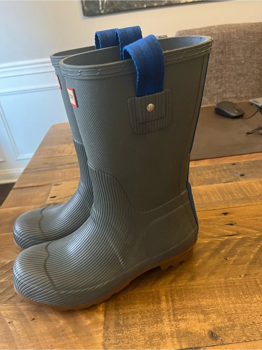 Hunter Waterproof Rain Boots in Grey/Blue Pull Tabs